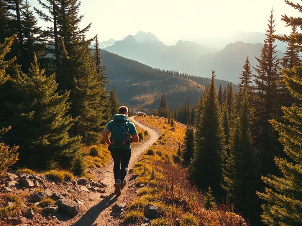 A serene mountain trail winds through lush evergreen forests, the warm sunlight filtering through the canopy. In the foreground, a hiker strides purposefully, their backpack and hiking boots suggesting a preparedness for long-distance trekking. The middle ground features a rolling landscape dotted with rocky outcroppings, hinting at the challenges that lie ahead. In the distance, majestic snow-capped peaks rise, their grandeur inspiring a sense of adventure and endurance. The scene conveys a mood of determination, resilience, and a deep connection with the natural world, guiding the viewer on the journey of building hiking endurance. A serene mountain trail winds through lush evergreen forests, the warm sunlight filtering through the canopy. In the foreground, a hiker strides purposefully, their backpack and hiking boots suggesting a preparedness for long-distance trekking. The middle ground features a rolling landscape dotted with rocky outcroppings, hinting at the challenges that lie ahead. In the distance, majestic snow-capped peaks rise, their grandeur inspiring a sense of adventure and endurance. The scene conveys a mood of determination, resilience, and a deep connection with the natural world, guiding the viewer on the journey of building hiking endurance.