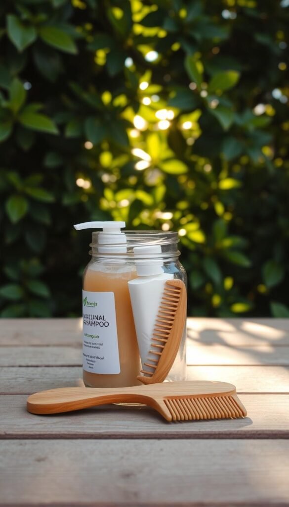 A serene outdoor scene with lush green foliage in the background. In the foreground, a glass jar filled with natural hair care products, such as organic shampoo, conditioner, and a wooden comb. Sunlight filters through the leaves, casting a warm, glowing light on the arrangement. The jar and accessories are placed on a smooth, wooden surface, conveying a sense of eco-friendly simplicity. The overall mood is one of harmony between nature and personal care, inviting the viewer to consider sustainable hair care practices while exploring the great outdoors. A serene outdoor scene with lush green foliage in the background. In the foreground, a glass jar filled with natural hair care products, such as organic shampoo, conditioner, and a wooden comb. Sunlight filters through the leaves, casting a warm, glowing light on the arrangement. The jar and accessories are placed on a smooth, wooden surface, conveying a sense of eco-friendly simplicity. The overall mood is one of harmony between nature and personal care, inviting the viewer to consider sustainable hair care practices while exploring the great outdoors.