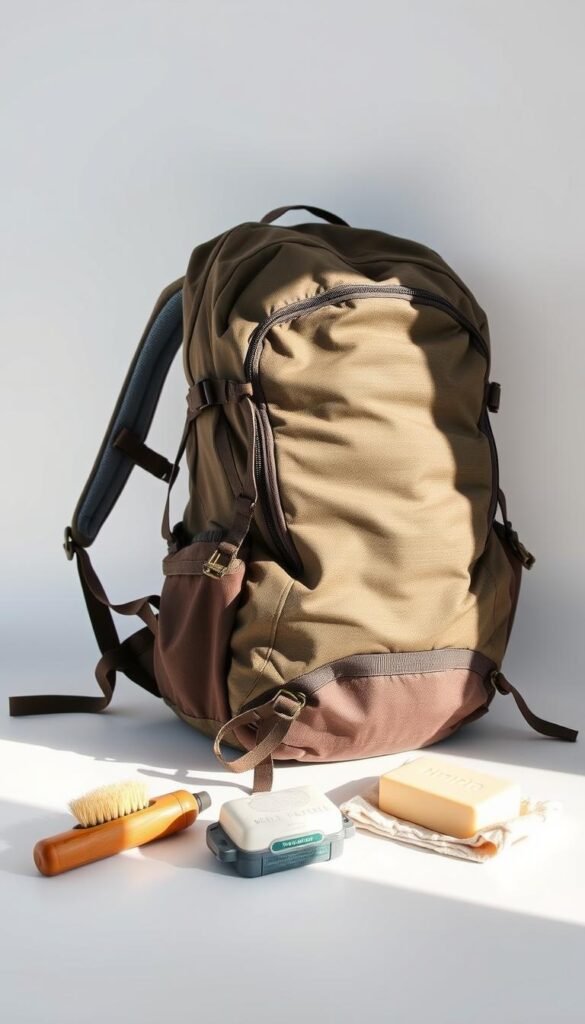 A serene still life of a well-worn but cared-for hiking backpack against a plain white backdrop, illuminated by soft, natural lighting. The backpack is positioned at a slight angle, showcasing its key features - sturdy straps, reinforced zippers, and durable fabric. The backpack's exterior is slightly scuffed and weathered, hinting at its adventures. Nearby, an arrangement of gentle cleaning supplies like a soft-bristle brush, a bar of mild soap, and a cloth for polishing the pack's surface. The overall tone is one of thoughtful maintenance and preservation, conveying the importance of properly caring for one's essential outdoor gear. A serene still life of a well-worn but cared-for hiking backpack against a plain white backdrop, illuminated by soft, natural lighting. The backpack is positioned at a slight angle, showcasing its key features - sturdy straps, reinforced zippers, and durable fabric. The backpack's exterior is slightly scuffed and weathered, hinting at its adventures. Nearby, an arrangement of gentle cleaning supplies like a soft-bristle brush, a bar of mild soap, and a cloth for polishing the pack's surface. The overall tone is one of thoughtful maintenance and preservation, conveying the importance of properly caring for one's essential outdoor gear.
