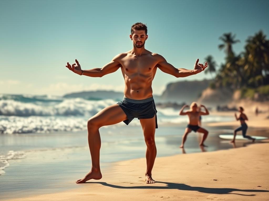 A serene, sun-drenched beach with surging waves in the distance. In the foreground, a surfer performing a graceful yoga pose, their toned physique radiating strength and balance. The surfer's body is illuminated by warm, diffused lighting, accentuating the contours of their muscles as they channel their inner power. In the middle ground, other surfers can be seen practicing various yoga asanas, their movements fluid and controlled, preparing their bodies for the demands of the ocean. The background features a picturesque coastline, with palm trees swaying gently in the breeze, creating a tranquil, meditative atmosphere. The scene conveys the synergy between the physical demands of surfing and the mental and physical discipline of yoga, empowering surfers to build the strength and resilience needed for their sport. A serene, sun-drenched beach with surging waves in the distance. In the foreground, a surfer performing a graceful yoga pose, their toned physique radiating strength and balance. The surfer's body is illuminated by warm, diffused lighting, accentuating the contours of their muscles as they channel their inner power. In the middle ground, other surfers can be seen practicing various yoga asanas, their movements fluid and controlled, preparing their bodies for the demands of the ocean. The background features a picturesque coastline, with palm trees swaying gently in the breeze, creating a tranquil, meditative atmosphere. The scene conveys the synergy between the physical demands of surfing and the mental and physical discipline of yoga, empowering surfers to build the strength and resilience needed for their sport.