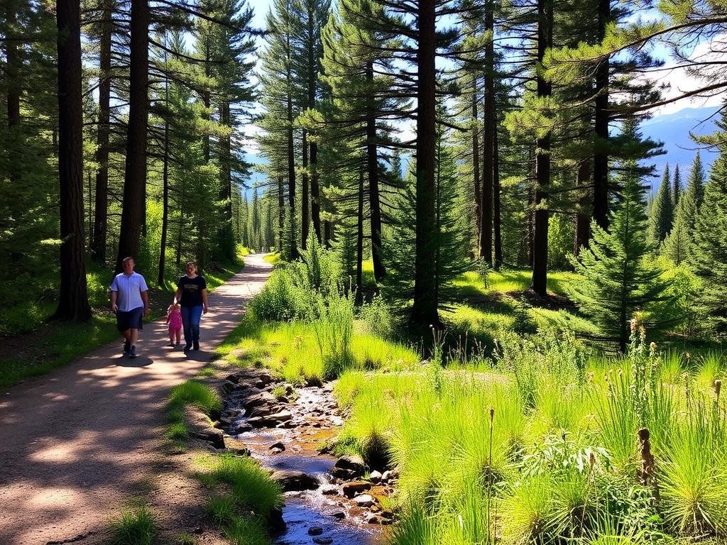 A serene trail winds through a lush, verdant forest near Denver, with towering pines and the occasional glimpse of the Rocky Mountains in the distance. Families stroll along the well-maintained path, children exploring the natural surroundings with wonder. Dappled sunlight filters through the canopy, casting a warm, inviting glow on the scene. In the foreground, a small, crystal-clear stream gently babbles, inviting hikers to pause and enjoy the tranquility. The path meanders through the landscape, offering scenic viewpoints and opportunities for exploration, making this an ideal family-friendly hike close to the city. A serene trail winds through a lush, verdant forest near Denver, with towering pines and the occasional glimpse of the Rocky Mountains in the distance. Families stroll along the well-maintained path, children exploring the natural surroundings with wonder. Dappled sunlight filters through the canopy, casting a warm, inviting glow on the scene. In the foreground, a small, crystal-clear stream gently babbles, inviting hikers to pause and enjoy the tranquility. The path meanders through the landscape, offering scenic viewpoints and opportunities for exploration, making this an ideal family-friendly hike close to the city.