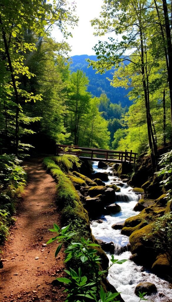 A serene waterfall cascading through lush, verdant foliage in the heart of Vermont's picturesque countryside. Sunlight filters through the canopy, casting a warm, golden glow on the rushing water and mossy rocks. In the foreground, a well-trodden hiking trail winds its way through the undergrowth, inviting adventurers to explore this hidden natural wonder. The middle ground features a picturesque footbridge crossing the stream, offering a prime vantage point to admire the cascade. In the background, rolling hills and dense forests create a breathtaking backdrop, conveying the tranquil, unspoiled beauty of Vermont's wilderness. A serene waterfall cascading through lush, verdant foliage in the heart of Vermont's picturesque countryside. Sunlight filters through the canopy, casting a warm, golden glow on the rushing water and mossy rocks. In the foreground, a well-trodden hiking trail winds its way through the undergrowth, inviting adventurers to explore this hidden natural wonder. The middle ground features a picturesque footbridge crossing the stream, offering a prime vantage point to admire the cascade. In the background, rolling hills and dense forests create a breathtaking backdrop, conveying the tranquil, unspoiled beauty of Vermont's wilderness.
