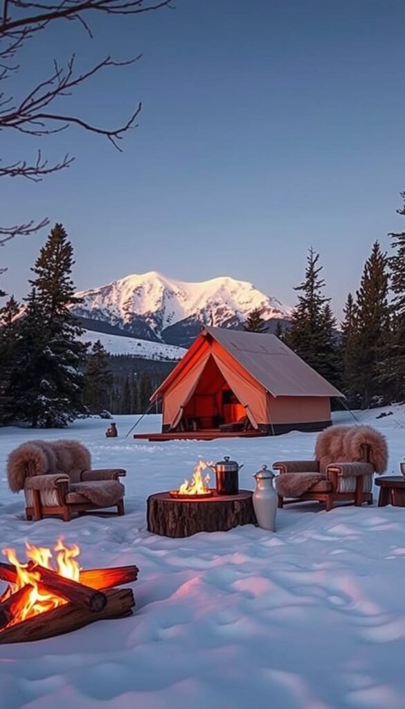 A snow-capped mountain range rises majestically in the distance, its peaks touched by the golden glow of the setting sun. In the foreground, a cozy canvas tent nestled in a field of pristine white snow, its warm glow casting a inviting ambiance. Nearby, a crackling firepit casts flickering shadows, surrounded by plush fur-lined chairs and a handcrafted wooden table laden with a steaming pot of mulled wine. The air is crisp and still, the only sound the gentle whisper of the wind through the bare branches of the surrounding evergreen trees. This is winter glamping at its finest, a luxurious escape into the heart of the mountain wilderness. A snow-capped mountain range rises majestically in the distance, its peaks touched by the golden glow of the setting sun. In the foreground, a cozy canvas tent nestled in a field of pristine white snow, its warm glow casting a inviting ambiance. Nearby, a crackling firepit casts flickering shadows, surrounded by plush fur-lined chairs and a handcrafted wooden table laden with a steaming pot of mulled wine. The air is crisp and still, the only sound the gentle whisper of the wind through the bare branches of the surrounding evergreen trees. This is winter glamping at its finest, a luxurious escape into the heart of the mountain wilderness.