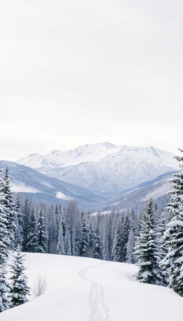 A snow-covered landscape of Vermont's picturesque winter hiking trails. In the foreground, a well-marked path winds through a dense, evergreen forest, the ground blanketed in a pristine layer of white. The middle ground showcases rugged, rolling hills dusted with a fresh layer of powdery snow, their peaks piercing the overcast sky. In the distance, a majestic mountain range rises, its jagged silhouette against a pale, muted sky. The overall scene exudes a serene, tranquil atmosphere, inviting the viewer to embark on an enchanting, snow-filled adventure. Lighting is soft and diffused, creating a sense of calm and peacefulness. The image is captured with a wide-angle lens to encompass the grandeur of the Vermont wilderness. A snow-covered landscape of Vermont's picturesque winter hiking trails. In the foreground, a well-marked path winds through a dense, evergreen forest, the ground blanketed in a pristine layer of white. The middle ground showcases rugged, rolling hills dusted with a fresh layer of powdery snow, their peaks piercing the overcast sky. In the distance, a majestic mountain range rises, its jagged silhouette against a pale, muted sky. The overall scene exudes a serene, tranquil atmosphere, inviting the viewer to embark on an enchanting, snow-filled adventure. Lighting is soft and diffused, creating a sense of calm and peacefulness. The image is captured with a wide-angle lens to encompass the grandeur of the Vermont wilderness.