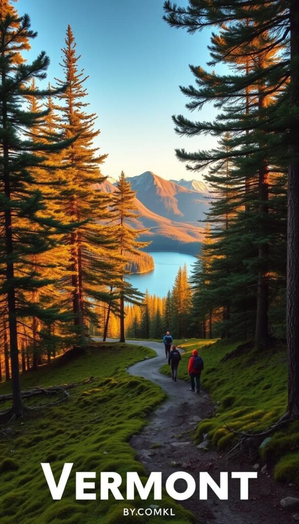 A stunning landscape of Vermont's lush state parks, bathed in warm, golden afternoon light. Towering evergreen trees line a winding hiking trail, their branches casting gentle shadows across the mossy ground. In the distance, a serene lake reflects the surrounding mountains, their peaks capped with a dusting of snow. Hikers traverse the path, taking in the breathtaking natural beauty that epitomizes the tranquil charm of Vermont's outdoor destinations. A stunning landscape of Vermont's lush state parks, bathed in warm, golden afternoon light. Towering evergreen trees line a winding hiking trail, their branches casting gentle shadows across the mossy ground. In the distance, a serene lake reflects the surrounding mountains, their peaks capped with a dusting of snow. Hikers traverse the path, taking in the breathtaking natural beauty that epitomizes the tranquil charm of Vermont's outdoor destinations.