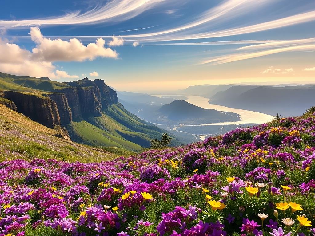 A stunning landscape of the Columbia River Gorge, where vibrant wildflowers bloom in the spring sunlight. In the foreground, a lush carpet of purple and yellow wildflowers covers the gently sloping trail, inviting hikers to explore. The middle ground showcases the majestic cliffs and rock formations, their jagged edges softened by the delicate blooms. In the distance, the mighty Columbia River winds its way through the gorge, its waters shimmering under the warm, golden haze. Wispy clouds drift overhead, casting gentle shadows on the scene below. The overall atmosphere is one of serene tranquility, perfectly capturing the essence of a Pacific Northwest spring wildflower hike.