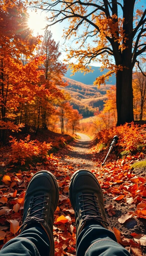 A sun-dappled autumn hiking trail winds through a vibrant landscape of orange, red, and golden foliage. In the foreground, worn hiking boots tread over a carpet of fallen leaves, with walking sticks and a backpack visible. The middle ground features a meandering path flanked by towering maple and oak trees, their branches reaching overhead. In the background, rolling hills are painted in the warm hues of the changing season, with a clear blue sky peeking through the canopy. The scene is bathed in soft, golden natural lighting, creating a cozy, inviting atmosphere perfect for an autumnal outdoor adventure. A sun-dappled autumn hiking trail winds through a vibrant landscape of orange, red, and golden foliage. In the foreground, worn hiking boots tread over a carpet of fallen leaves, with walking sticks and a backpack visible. The middle ground features a meandering path flanked by towering maple and oak trees, their branches reaching overhead. In the background, rolling hills are painted in the warm hues of the changing season, with a clear blue sky peeking through the canopy. The scene is bathed in soft, golden natural lighting, creating a cozy, inviting atmosphere perfect for an autumnal outdoor adventure.