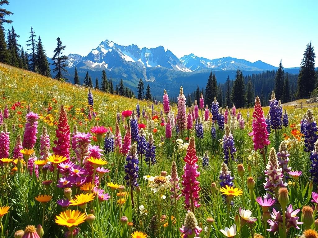 A sun-dappled mountain meadow in the Pacific Northwest, awash in a vibrant tapestry of wildflowers in full bloom. The foreground bursts with a riot of colors - bright pink fireweed, delicate purple lupines, and golden-hued arnica. In the middle ground, clusters of white wild roses and fragrant balsamroot sway gently in a warm breeze. The background features rugged, snow-capped peaks rising majestically against a clear, azure sky, framed by verdant pine forests. The scene is bathed in the soft, golden light of early summer, capturing the fleeting beauty of the prime wildflower season in the Pacific Northwest.