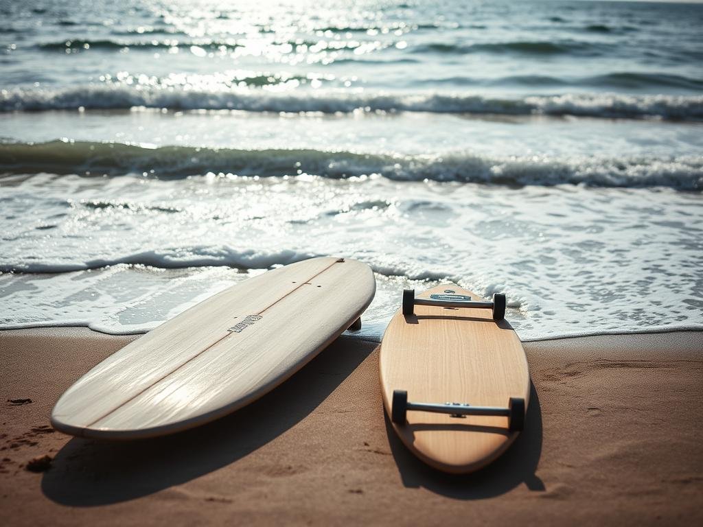 A sun-dappled ocean vista, with the waves gently lapping against the shore. In the foreground, a well-worn longboard and a sleek shortboard lie side by side, representing the transition from one riding style to another. The longboard's smooth curves and larger deck contrast with the shortboard's compact and agile form, hinting at the different techniques and maneuverability required. Soft, diffused lighting illuminates the scene, creating a serene and contemplative atmosphere. The background features a distant horizon, where the ocean and sky blend seamlessly, suggesting the expansive possibilities that await the skilled transitioning rider. A sun-dappled ocean vista, with the waves gently lapping against the shore. In the foreground, a well-worn longboard and a sleek shortboard lie side by side, representing the transition from one riding style to another. The longboard's smooth curves and larger deck contrast with the shortboard's compact and agile form, hinting at the different techniques and maneuverability required. Soft, diffused lighting illuminates the scene, creating a serene and contemplative atmosphere. The background features a distant horizon, where the ocean and sky blend seamlessly, suggesting the expansive possibilities that await the skilled transitioning rider.