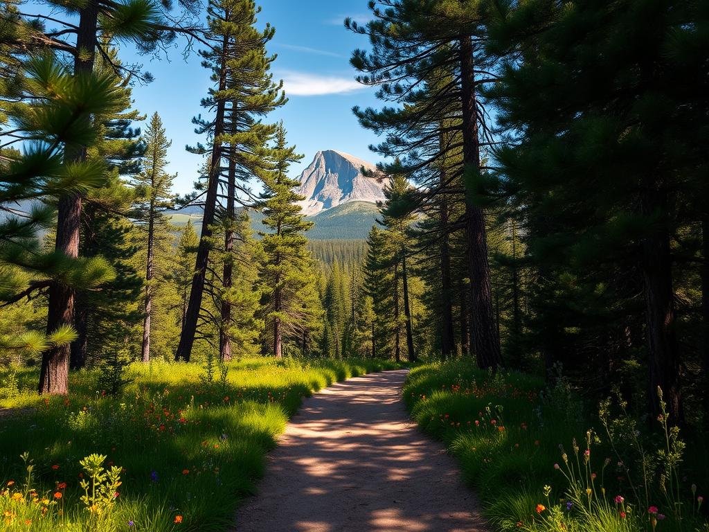 A sun-dappled trailhead leading into a dense, verdant forest on the slopes of Black Elk Peak, South Dakota. The path winds through towering pines, their branches casting soft shadows on the earthy trail below. Vibrant wildflowers dot the undergrowth, adding pops of color to the serene scene. In the distance, the granite peak rises majestically, its rugged face bathed in warm, golden light. A gentle breeze rustles the leaves, creating a soothing, natural ambiance. Capture this picturesque moment of tranquility and adventure at the start of the hike up to the stunning vistas of Black Elk Peak. A sun-dappled trailhead leading into a dense, verdant forest on the slopes of Black Elk Peak, South Dakota. The path winds through towering pines, their branches casting soft shadows on the earthy trail below. Vibrant wildflowers dot the undergrowth, adding pops of color to the serene scene. In the distance, the granite peak rises majestically, its rugged face bathed in warm, golden light. A gentle breeze rustles the leaves, creating a soothing, natural ambiance. Capture this picturesque moment of tranquility and adventure at the start of the hike up to the stunning vistas of Black Elk Peak.