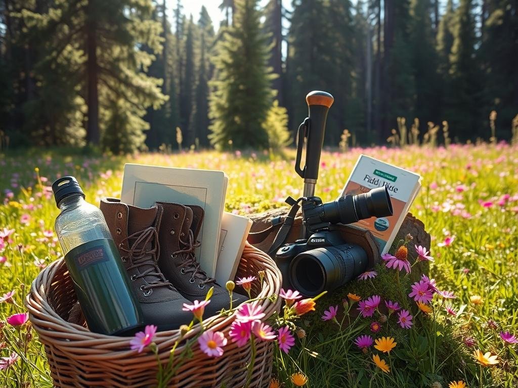 A sunlit meadow in the Pacific Northwest, lush with vibrant wildflowers. In the foreground, a woven basket overflows with an array of essential hiking items - a sturdy pair of hiking boots, a water bottle, a well-worn field guide, and a camera with a long lens. In the middle ground, a hiking stick leans against a moss-covered log, surrounded by delicate petals in shades of pink, purple, and yellow. The background features a dense forest, the sunlight filtering through the canopy, casting a warm glow over the scene. The overall mood is one of exploration, wonder, and a deep connection with the natural world.