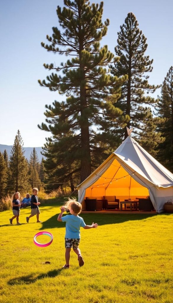 A sunny, warm afternoon at a family-friendly glamping site near Denver. In the foreground, a group of children playing a game of frisbee on a lush, grassy field. In the middle ground, a cozy bell tent adorned with string lights and plush outdoor furniture. Behind it, towering pine trees sway gently in the mountain breeze. The scene is illuminated by warm, golden sunlight, casting a soft, inviting glow. The overall atmosphere is one of relaxation, adventure, and quality time spent together in nature. A sunny, warm afternoon at a family-friendly glamping site near Denver. In the foreground, a group of children playing a game of frisbee on a lush, grassy field. In the middle ground, a cozy bell tent adorned with string lights and plush outdoor furniture. Behind it, towering pine trees sway gently in the mountain breeze. The scene is illuminated by warm, golden sunlight, casting a soft, inviting glow. The overall atmosphere is one of relaxation, adventure, and quality time spent together in nature.