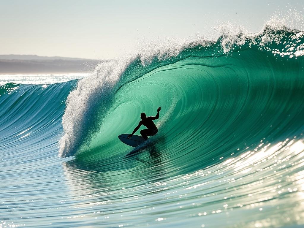 A surfer gracefully rides a powerful green wave, their board slicing through the translucent curtain of water. The ocean's surface reflects the bright, midday sun, creating a dazzling, shimmering effect. The surfer's silhouette is sharply defined against the backlit wave, their body in perfect balance and control. The background features a distant, hazy coastline, blending seamlessly with the horizon. The scene conveys a sense of tranquility, mastery, and the thrill of pushing the limits of shortboard riding. A surfer gracefully rides a powerful green wave, their board slicing through the translucent curtain of water. The ocean's surface reflects the bright, midday sun, creating a dazzling, shimmering effect. The surfer's silhouette is sharply defined against the backlit wave, their body in perfect balance and control. The background features a distant, hazy coastline, blending seamlessly with the horizon. The scene conveys a sense of tranquility, mastery, and the thrill of pushing the limits of shortboard riding.