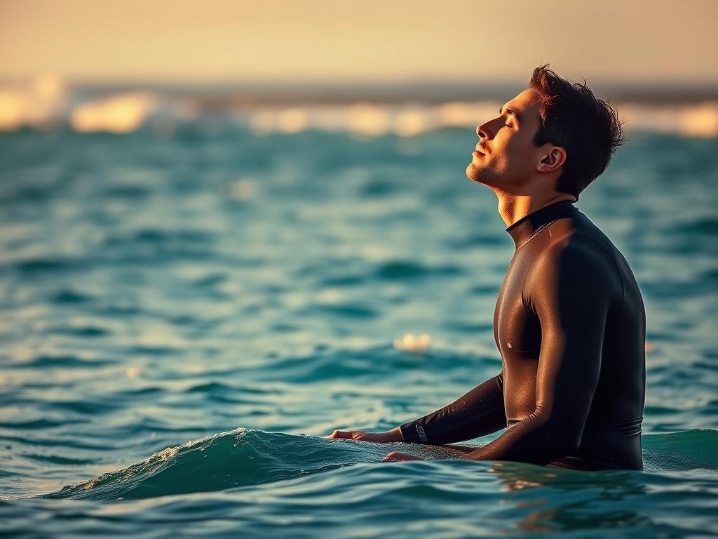 A surfer sitting on a surfboard, caught in the midst of a deep breathing exercise, surrounded by the serene blue-green waters of the ocean. The surfer's eyes are closed, their face exuding a sense of calm focus, as they slowly inhale and exhale, preparing their mind and body for the challenges ahead. In the background, the horizon showcases a dramatic seascape, with distant waves crashing against the shoreline, hinting at the power and unpredictability of the ocean. The lighting is soft and natural, casting a warm, golden glow over the scene, evoking a sense of tranquility and mindfulness. The camera angle is slightly elevated, allowing the viewer to observe the surfer's breath control technique from an almost meditative perspective. A surfer sitting on a surfboard, caught in the midst of a deep breathing exercise, surrounded by the serene blue-green waters of the ocean. The surfer's eyes are closed, their face exuding a sense of calm focus, as they slowly inhale and exhale, preparing their mind and body for the challenges ahead. In the background, the horizon showcases a dramatic seascape, with distant waves crashing against the shoreline, hinting at the power and unpredictability of the ocean. The lighting is soft and natural, casting a warm, golden glow over the scene, evoking a sense of tranquility and mindfulness. The camera angle is slightly elevated, allowing the viewer to observe the surfer's breath control technique from an almost meditative perspective.