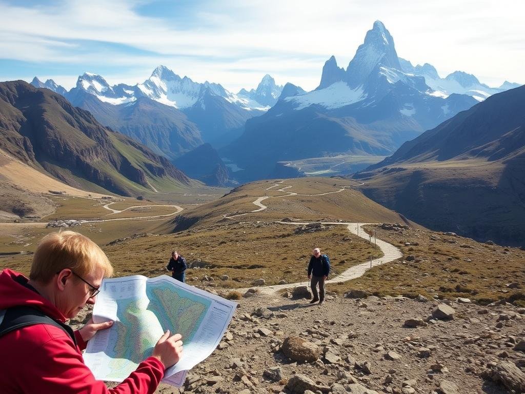 A sweeping landscape of the majestic Torres del Paine national park, with the iconic granite peaks standing tall in the background. In the foreground, a group of hikers are preparing for their adventure, studying a detailed map and checking their gear. The middle ground features a well-marked trail winding through the rugged terrain, dotted with signposts and cairns to guide the way. The lighting is natural and diffused, creating a sense of atmosphere and adventure. The overall scene conveys the practical tips needed to tackle this epic Patagonian wilderness, from navigation and packing to safety and sustainability. A sweeping landscape of the majestic Torres del Paine national park, with the iconic granite peaks standing tall in the background. In the foreground, a group of hikers are preparing for their adventure, studying a detailed map and checking their gear. The middle ground features a well-marked trail winding through the rugged terrain, dotted with signposts and cairns to guide the way. The lighting is natural and diffused, creating a sense of atmosphere and adventure. The overall scene conveys the practical tips needed to tackle this epic Patagonian wilderness, from navigation and packing to safety and sustainability.