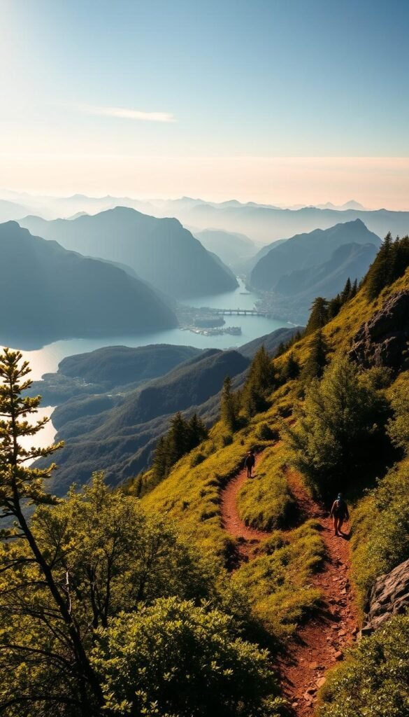 A sweeping panoramic vista of the picturesque Rigi mountain range, with the shimmering waters of Lake Lucerne in the foreground. Lush, verdant foliage clings to the slopes, framing the trail that winds its way through the landscape. Sunlight dapples the scene, casting a warm, golden glow and highlighting the rugged, snow-capped peaks in the distance. Hikers, their silhouettes tiny against the grand scale, traverse the trail, offering a sense of scale and human connection to the breathtaking natural beauty. Crisp, clean lines and a balanced, harmonious composition capture the tranquil, serene atmosphere of this picturesque alpine setting. A sweeping panoramic vista of the picturesque Rigi mountain range, with the shimmering waters of Lake Lucerne in the foreground. Lush, verdant foliage clings to the slopes, framing the trail that winds its way through the landscape. Sunlight dapples the scene, casting a warm, golden glow and highlighting the rugged, snow-capped peaks in the distance. Hikers, their silhouettes tiny against the grand scale, traverse the trail, offering a sense of scale and human connection to the breathtaking natural beauty. Crisp, clean lines and a balanced, harmonious composition capture the tranquil, serene atmosphere of this picturesque alpine setting.