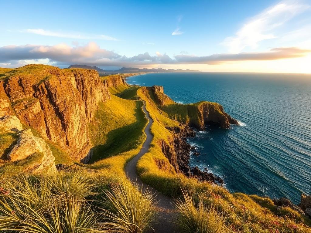 A sweeping vista of the Dingle Peninsula's dramatic coastline, captured in a wide-angle lens. In the foreground, rugged cliffs plunge into the azure waters of the Atlantic, their weathered rock faces bathed in warm, golden sunlight. The middle ground features a winding coastal trail, flanked by lush, verdant grasses and wildflowers. In the distance, the horizon is dotted with the silhouettes of distant mountains, their peaks shrouded in wispy, atmospheric clouds. The scene exudes a sense of tranquility and timeless beauty, perfectly capturing the essence of the Dingle Way and its picturesque landscapes. A sweeping vista of the Dingle Peninsula's dramatic coastline, captured in a wide-angle lens. In the foreground, rugged cliffs plunge into the azure waters of the Atlantic, their weathered rock faces bathed in warm, golden sunlight. The middle ground features a winding coastal trail, flanked by lush, verdant grasses and wildflowers. In the distance, the horizon is dotted with the silhouettes of distant mountains, their peaks shrouded in wispy, atmospheric clouds. The scene exudes a sense of tranquility and timeless beauty, perfectly capturing the essence of the Dingle Way and its picturesque landscapes.