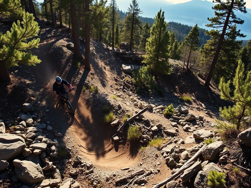 A technical trail winds through a rugged mountain landscape, its twists and turns challenging advanced riders. Sunlight filters through the thick pine forest, casting dramatic shadows across the rocky terrain. In the foreground, a rider navigates a series of sharp switchbacks, their bike's suspension absorbing the impact of each drop-off. The middle ground reveals technical features like rock gardens, log crossings, and steep, banked turns, testing the rider's skill and nerve. The background fades into distant peaks, hinting at the breathtaking vistas that await those who conquer this demanding trail. A technical trail winds through a rugged mountain landscape, its twists and turns challenging advanced riders. Sunlight filters through the thick pine forest, casting dramatic shadows across the rocky terrain. In the foreground, a rider navigates a series of sharp switchbacks, their bike's suspension absorbing the impact of each drop-off. The middle ground reveals technical features like rock gardens, log crossings, and steep, banked turns, testing the rider's skill and nerve. The background fades into distant peaks, hinting at the breathtaking vistas that await those who conquer this demanding trail.