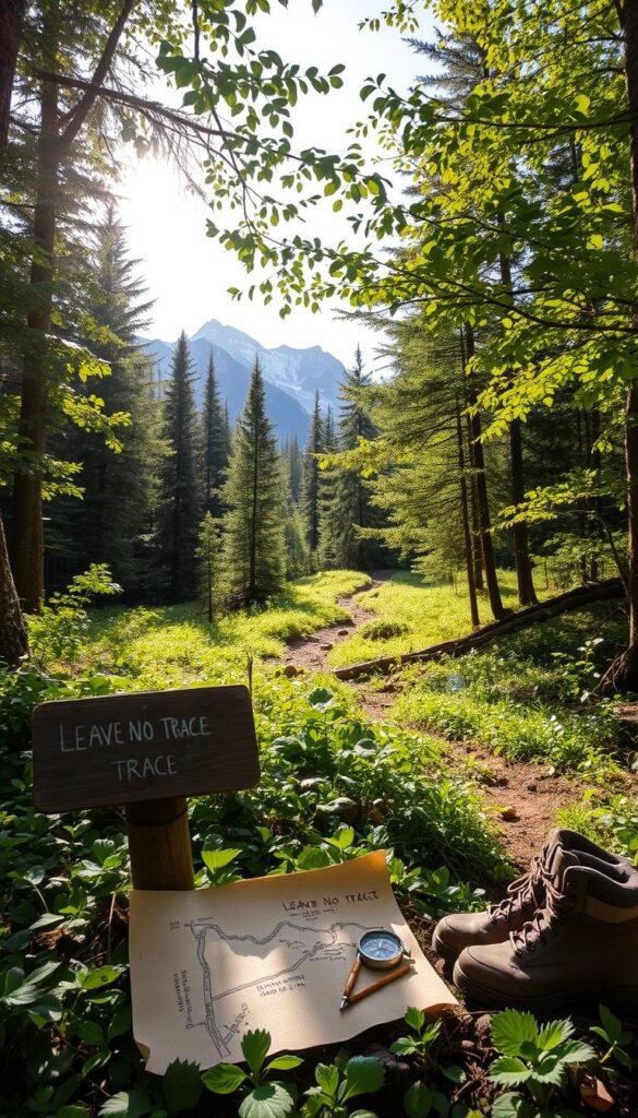 A tranquil forest clearing, dappled sunlight filtering through the lush foliage. In the foreground, a collection of natural objects - a weathered wooden sign, a hand-drawn map, a compass, and a pair of hiking boots - subtly conveying the "leave no trace" ethos. The middle ground features a well-marked hiking trail winding through the verdant undergrowth, while in the background, majestic mountains rise, their peaks capped with snow. The overall mood is one of harmony and respect for the natural environment, inviting the viewer to consider their own impact on the great outdoors. A tranquil forest clearing, dappled sunlight filtering through the lush foliage. In the foreground, a collection of natural objects - a weathered wooden sign, a hand-drawn map, a compass, and a pair of hiking boots - subtly conveying the "leave no trace" ethos. The middle ground features a well-marked hiking trail winding through the verdant undergrowth, while in the background, majestic mountains rise, their peaks capped with snow. The overall mood is one of harmony and respect for the natural environment, inviting the viewer to consider their own impact on the great outdoors.