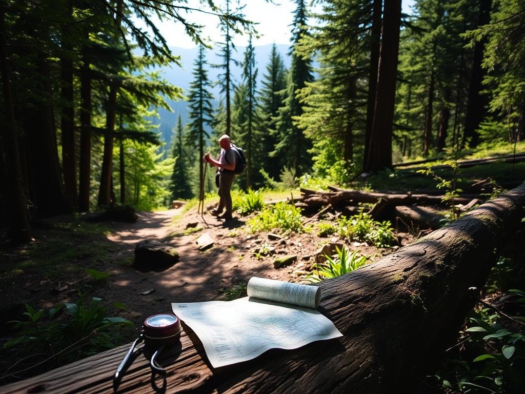 A tranquil forest path winding through lush greenery, with a hikers' map and compass resting on a fallen log in the foreground. Dappled sunlight filters through the canopy, casting a warm, contemplative mood. In the middle ground, a hiker examines a trail marker, carefully planning the next leg of their journey. The background features towering evergreens and a glimpse of a distant mountain range, hinting at the scenic adventures that await. This scene captures the essence of thorough destination research, where careful preparation and an appreciation for the natural surroundings come together to ensure a memorable and safe backpacking excursion. A tranquil forest path winding through lush greenery, with a hikers' map and compass resting on a fallen log in the foreground. Dappled sunlight filters through the canopy, casting a warm, contemplative mood. In the middle ground, a hiker examines a trail marker, carefully planning the next leg of their journey. The background features towering evergreens and a glimpse of a distant mountain range, hinting at the scenic adventures that await. This scene captures the essence of thorough destination research, where careful preparation and an appreciation for the natural surroundings come together to ensure a memorable and safe backpacking excursion.