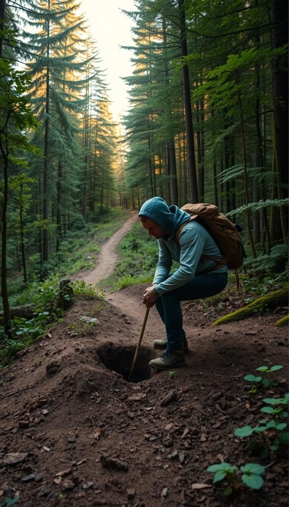 A tranquil forest scene, the soft golden light of dusk filters through the verdant canopy. In the foreground, a hiker diligently digs a small hole in the loamy soil, demonstrating the proper "cathole" technique for responsible waste disposal in the backcountry. Their movements are precise and thoughtful, as they carefully cover their tracks, leaving no trace. The background features a winding trail leading deeper into the wilderness, inviting the viewer to follow along and learn this essential outdoor skill. A tranquil forest scene, the soft golden light of dusk filters through the verdant canopy. In the foreground, a hiker diligently digs a small hole in the loamy soil, demonstrating the proper "cathole" technique for responsible waste disposal in the backcountry. Their movements are precise and thoughtful, as they carefully cover their tracks, leaving no trace. The background features a winding trail leading deeper into the wilderness, inviting the viewer to follow along and learn this essential outdoor skill.