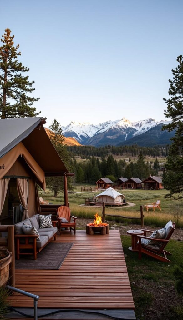 A tranquil, pet-friendly glamping ranch nestled in the serene Colorado countryside. In the foreground, a spacious safari-style tent with plush furnishings and modern amenities beckons travelers and their canine companions. A wooden deck leads to a grooming station and a cozy fire pit, perfect for stargazing. In the middle ground, a cluster of additional luxury tents and wooden cabins blend seamlessly with the natural landscape, surrounded by lush meadows and towering pines. In the background, the majestic Rocky Mountains rise majestically, their snow-capped peaks reflecting the golden glow of the setting sun. The entire scene exudes an atmosphere of rustic elegance and a deep connection with the great outdoors. A tranquil, pet-friendly glamping ranch nestled in the serene Colorado countryside. In the foreground, a spacious safari-style tent with plush furnishings and modern amenities beckons travelers and their canine companions. A wooden deck leads to a grooming station and a cozy fire pit, perfect for stargazing. In the middle ground, a cluster of additional luxury tents and wooden cabins blend seamlessly with the natural landscape, surrounded by lush meadows and towering pines. In the background, the majestic Rocky Mountains rise majestically, their snow-capped peaks reflecting the golden glow of the setting sun. The entire scene exudes an atmosphere of rustic elegance and a deep connection with the great outdoors.
