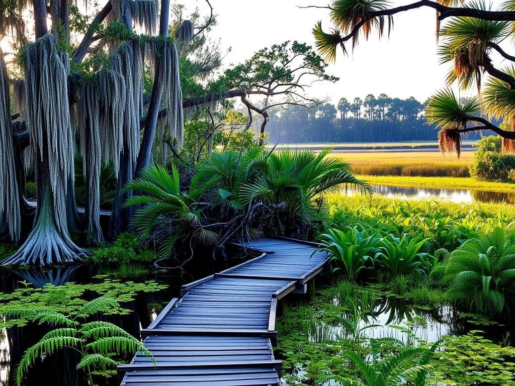 A tranquil swamp scene along the Florida Trail, with lush vegetation and still, reflective waters. In the foreground, a wooden boardwalk winds through the marsh, guiding hikers past cypress trees draped in Spanish moss. The middle ground features a dense thicket of ferns, palms, and twisted mangrove roots, creating a sense of otherworldly mystery. In the background, the horizon is dotted with the silhouettes of distant pines, bathed in warm, golden sunlight that filters through the canopy. The atmosphere is serene and inviting, capturing the essence of this unique section of the Florida Trail. A tranquil swamp scene along the Florida Trail, with lush vegetation and still, reflective waters. In the foreground, a wooden boardwalk winds through the marsh, guiding hikers past cypress trees draped in Spanish moss. The middle ground features a dense thicket of ferns, palms, and twisted mangrove roots, creating a sense of otherworldly mystery. In the background, the horizon is dotted with the silhouettes of distant pines, bathed in warm, golden sunlight that filters through the canopy. The atmosphere is serene and inviting, capturing the essence of this unique section of the Florida Trail.