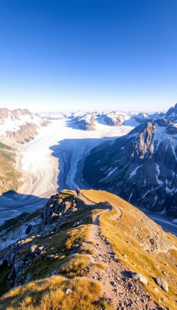 A vast, majestic panorama of the Aletsch Glacier unfolds, its imposing blue-white expanse carving through the rugged, snow-capped Alps. In the foreground, a winding trail leads hikers along the glacier's edge, offering unparalleled views of this natural wonder. The middle ground features jagged, towering peaks that frame the scene, their rocky faces illuminated by warm, golden sunlight. In the distance, the glacier stretches into the horizon, its icy tendrils snaking through the valleys. The air is crisp and clear, instilling a sense of awe and tranquility. This is the Aletsch Glacier Panorama Trail, a captivating hiking experience that showcases the grandeur of Switzerland's majestic alpine landscape. A vast, majestic panorama of the Aletsch Glacier unfolds, its imposing blue-white expanse carving through the rugged, snow-capped Alps. In the foreground, a winding trail leads hikers along the glacier's edge, offering unparalleled views of this natural wonder. The middle ground features jagged, towering peaks that frame the scene, their rocky faces illuminated by warm, golden sunlight. In the distance, the glacier stretches into the horizon, its icy tendrils snaking through the valleys. The air is crisp and clear, instilling a sense of awe and tranquility. This is the Aletsch Glacier Panorama Trail, a captivating hiking experience that showcases the grandeur of Switzerland's majestic alpine landscape.