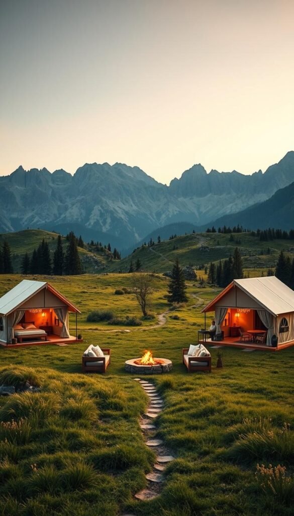 A vast mountain landscape, with rugged peaks in the distant background. In the foreground, a lush, grassy meadow dotted with elegant glamping tents. The tents feature high-end amenities such as plush bedding, chandeliers, and large windows offering panoramic views. A cozy campfire pit sits at the center, surrounded by comfortable lounge furniture. Warm, golden lighting casts a tranquil glow over the scene, creating an atmosphere of luxurious escapism. A winding path leads through the meadow, inviting exploration of the serene natural setting. The overall mood is one of rustic sophistication, blending the comforts of modern living with the beauty of the great outdoors. A vast mountain landscape, with rugged peaks in the distant background. In the foreground, a lush, grassy meadow dotted with elegant glamping tents. The tents feature high-end amenities such as plush bedding, chandeliers, and large windows offering panoramic views. A cozy campfire pit sits at the center, surrounded by comfortable lounge furniture. Warm, golden lighting casts a tranquil glow over the scene, creating an atmosphere of luxurious escapism. A winding path leads through the meadow, inviting exploration of the serene natural setting. The overall mood is one of rustic sophistication, blending the comforts of modern living with the beauty of the great outdoors.