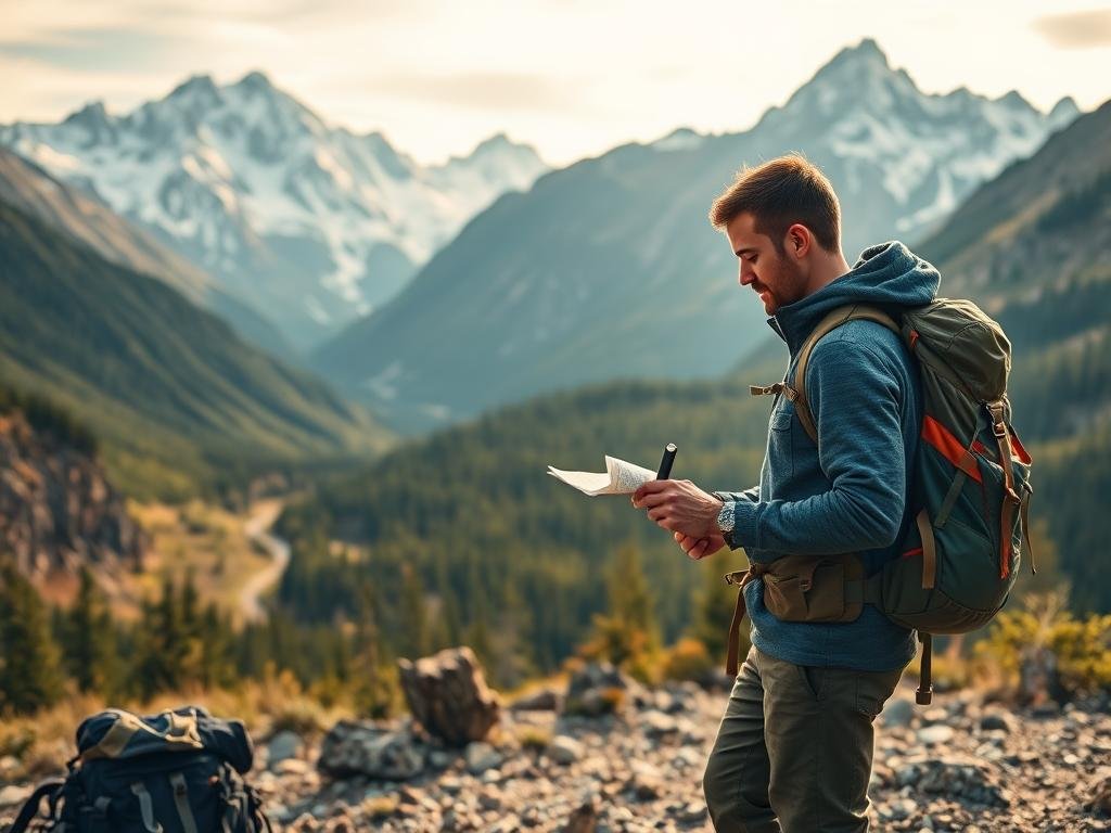 A vast, rugged landscape with towering mountains in the background, their snow-capped peaks reaching towards the heavens. In the foreground, a well-equipped backpacker stands, gear meticulously laid out, contemplating a map and compass. The middle ground features a winding trail leading through lush, verdant forests, hinting at the adventure to come. Soft, warm lighting bathes the scene, creating a sense of anticipation and excitement. The entire composition radiates a spirit of exploration, inviting the viewer to embark on their own backpacking odyssey, defining their personal goals and preferences for the perfect multi-day excursion. A vast, rugged landscape with towering mountains in the background, their snow-capped peaks reaching towards the heavens. In the foreground, a well-equipped backpacker stands, gear meticulously laid out, contemplating a map and compass. The middle ground features a winding trail leading through lush, verdant forests, hinting at the adventure to come. Soft, warm lighting bathes the scene, creating a sense of anticipation and excitement. The entire composition radiates a spirit of exploration, inviting the viewer to embark on their own backpacking odyssey, defining their personal goals and preferences for the perfect multi-day excursion.