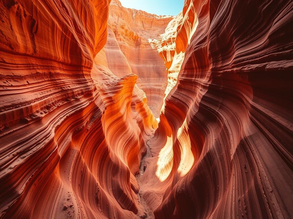 A vast, sun-drenched expanse of towering sandstone walls, carved into intricate patterns by the relentless flow of water over eons. Vibrant hues of orange, red, and pink cast a warm glow upon the narrow, meandering slot canyons of southern Utah. Dramatic shadows play across the sinuous curves, highlighting the intricate textures and layers of the ancient rock formations. Shafts of golden light pierce the narrow, winding passages, casting a ethereal, mystical atmosphere. Towering arches stand as silent sentinels, framing the stunning natural beauty of this rugged, untamed landscape. Wide-angle lens captures the grand scale and immersive experience of exploring these geologic wonders, inspiring a sense of awe and wonder. A vast, sun-drenched expanse of towering sandstone walls, carved into intricate patterns by the relentless flow of water over eons. Vibrant hues of orange, red, and pink cast a warm glow upon the narrow, meandering slot canyons of southern Utah. Dramatic shadows play across the sinuous curves, highlighting the intricate textures and layers of the ancient rock formations. Shafts of golden light pierce the narrow, winding passages, casting a ethereal, mystical atmosphere. Towering arches stand as silent sentinels, framing the stunning natural beauty of this rugged, untamed landscape. Wide-angle lens captures the grand scale and immersive experience of exploring these geologic wonders, inspiring a sense of awe and wonder.