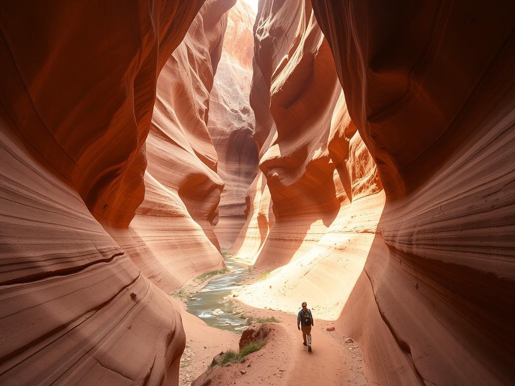 A vast, winding slot canyon with towering sandstone walls in warm hues of ochre and sienna. Sunlight filters through narrow openings overhead, casting dramatic shadows and illuminating the smooth, sculpted rock formations. A shallow creek meanders through the canyon's floor, its gentle sound echoing off the walls. In the foreground, a well-worn hiking trail leads visitors through this serene, natural wonder. The overall atmosphere is one of tranquility and awe-inspiring beauty, inviting exploration and a sense of connection with the landscape. A vast, winding slot canyon with towering sandstone walls in warm hues of ochre and sienna. Sunlight filters through narrow openings overhead, casting dramatic shadows and illuminating the smooth, sculpted rock formations. A shallow creek meanders through the canyon's floor, its gentle sound echoing off the walls. In the foreground, a well-worn hiking trail leads visitors through this serene, natural wonder. The overall atmosphere is one of tranquility and awe-inspiring beauty, inviting exploration and a sense of connection with the landscape.