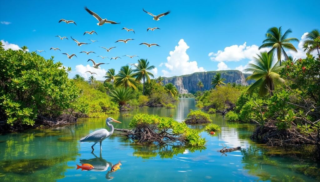 A verdant mangrove forest thrives in the shallow waters of the Florida Keys, teeming with diverse wildlife. In the foreground, a great blue heron gracefully stalks its prey, its long legs wading through the tranquil, reflective surface. Vibrant tropical fish dart among the intricate root systems, while overhead, a flock of pelicans soar against a brilliant azure sky. The middle ground reveals a diverse array of native flora, from vibrant wildflowers to the iconic palm trees swaying gently in the warm breeze. In the distance, the rugged, sun-kissed limestone cliffs rise up, creating a dramatic backdrop for this enchanting natural scene. Soft, diffused lighting illuminates the lush, dynamic ecosystem, capturing the essence of the Florida Keys' captivating wildlife and breathtaking scenery. A verdant mangrove forest thrives in the shallow waters of the Florida Keys, teeming with diverse wildlife. In the foreground, a great blue heron gracefully stalks its prey, its long legs wading through the tranquil, reflective surface. Vibrant tropical fish dart among the intricate root systems, while overhead, a flock of pelicans soar against a brilliant azure sky. The middle ground reveals a diverse array of native flora, from vibrant wildflowers to the iconic palm trees swaying gently in the warm breeze. In the distance, the rugged, sun-kissed limestone cliffs rise up, creating a dramatic backdrop for this enchanting natural scene. Soft, diffused lighting illuminates the lush, dynamic ecosystem, capturing the essence of the Florida Keys' captivating wildlife and breathtaking scenery.