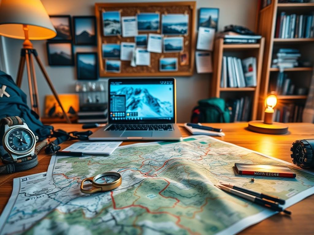 A vibrant, detailed scene of a backpacking trip planning session. In the foreground, a trekking map, compass, and outdoor gear laid out on a wooden table, illuminated by warm lamp light. In the middle ground, a laptop displaying a hiking route, with notes and checklists pinned to a corkboard. In the background, framed outdoor adventure photos and a cozy bookshelf, creating an atmosphere of exploration and preparation. Soft, natural lighting casts a contemplative mood as the backpacker plans their upcoming multi-day excursion. A vibrant, detailed scene of a backpacking trip planning session. In the foreground, a trekking map, compass, and outdoor gear laid out on a wooden table, illuminated by warm lamp light. In the middle ground, a laptop displaying a hiking route, with notes and checklists pinned to a corkboard. In the background, framed outdoor adventure photos and a cozy bookshelf, creating an atmosphere of exploration and preparation. Soft, natural lighting casts a contemplative mood as the backpacker plans their upcoming multi-day excursion.