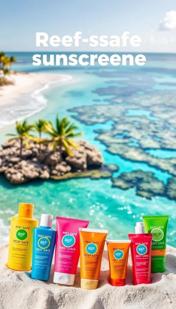 A vibrant display of reef-safe sunscreen options, set against a serene coastal backdrop. In the foreground, an array of brightly colored sunscreen bottles and tubes, their labels prominently featuring "reef-safe" claims. The middle ground showcases a tranquil beach scene, with soft sand, gentle waves lapping at the shore, and a few palm trees swaying in the breeze. The background features a breathtaking vista of a coral reef, its vibrant colors and intricate structures visible through the clear, turquoise waters. The overall scene conveys a sense of harmony between nature and effective sun protection, with the reef-safe sunscreens taking center stage as an eco-friendly solution. A vibrant display of reef-safe sunscreen options, set against a serene coastal backdrop. In the foreground, an array of brightly colored sunscreen bottles and tubes, their labels prominently featuring "reef-safe" claims. The middle ground showcases a tranquil beach scene, with soft sand, gentle waves lapping at the shore, and a few palm trees swaying in the breeze. The background features a breathtaking vista of a coral reef, its vibrant colors and intricate structures visible through the clear, turquoise waters. The overall scene conveys a sense of harmony between nature and effective sun protection, with the reef-safe sunscreens taking center stage as an eco-friendly solution.