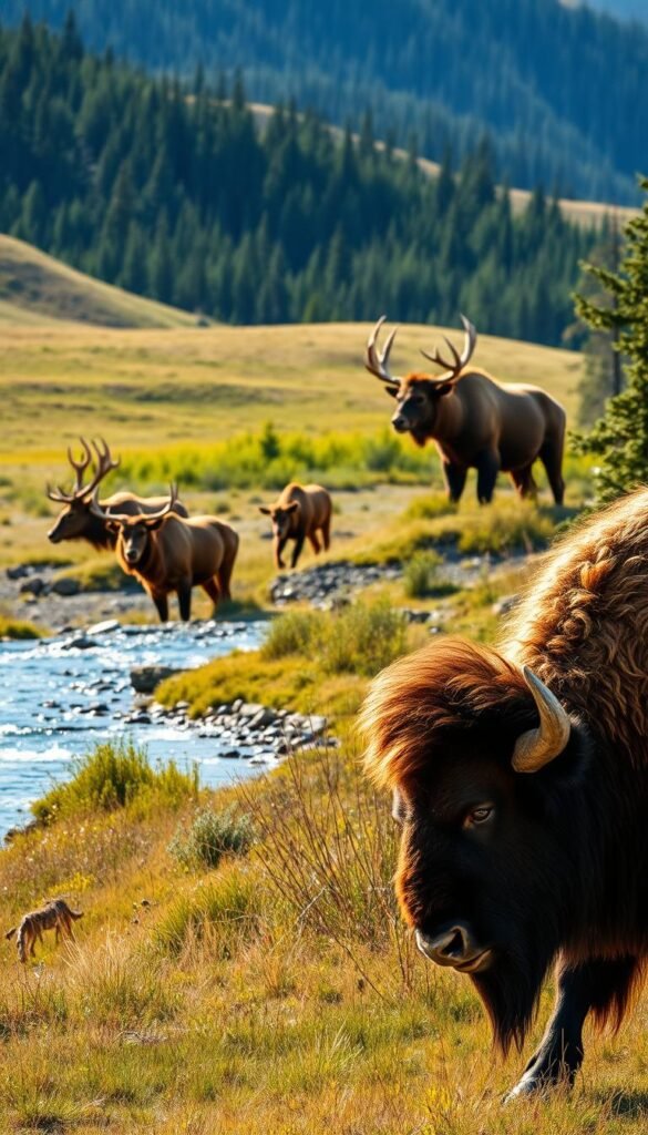 A vibrant scene of Yellowstone's wildlife in their natural habitat. In the foreground, a majestic bison grazes peacefully, its thick fur catching the soft, golden light. In the middle ground, a herd of elk cautiously approach a crystal-clear stream, their antlers silhouetted against the backdrop of rolling hills and lush, verdant forests. In the distance, a grizzly bear ambles through the underbrush, its powerful movements captured in a cinematic, wide-angle shot. The overall atmosphere is one of serenity and awe, inviting the viewer to observe the diverse fauna of Yellowstone with reverence and respect, as per the established wildlife watching guidelines. A vibrant scene of Yellowstone's wildlife in their natural habitat. In the foreground, a majestic bison grazes peacefully, its thick fur catching the soft, golden light. In the middle ground, a herd of elk cautiously approach a crystal-clear stream, their antlers silhouetted against the backdrop of rolling hills and lush, verdant forests. In the distance, a grizzly bear ambles through the underbrush, its powerful movements captured in a cinematic, wide-angle shot. The overall atmosphere is one of serenity and awe, inviting the viewer to observe the diverse fauna of Yellowstone with reverence and respect, as per the established wildlife watching guidelines.