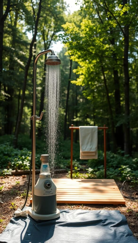 A well-equipped portable shower setup in a serene, forested wilderness. In the foreground, a compact, self-contained shower unit with adjustable nozzle and water reservoir. In the middle ground, a wooden platform with water-resistant mat and towel rack. The background features a lush, green forest with dappled sunlight filtering through the canopy, creating a tranquil, nature-immersed atmosphere. The setup is illuminated by soft, diffused lighting, emphasizing the eco-friendly, off-grid aesthetic. The overall scene conveys responsible, sustainable outdoor hygiene practices for hikers and campers. A well-equipped portable shower setup in a serene, forested wilderness. In the foreground, a compact, self-contained shower unit with adjustable nozzle and water reservoir. In the middle ground, a wooden platform with water-resistant mat and towel rack. The background features a lush, green forest with dappled sunlight filtering through the canopy, creating a tranquil, nature-immersed atmosphere. The setup is illuminated by soft, diffused lighting, emphasizing the eco-friendly, off-grid aesthetic. The overall scene conveys responsible, sustainable outdoor hygiene practices for hikers and campers.