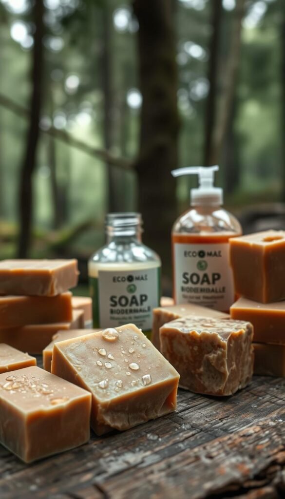 A well-lit, close-up photograph of an assortment of biodegradable soap products arranged on a rustic wooden surface. The foreground features an array of natural soap bars in various earthy tones and shapes, with droplets of water glistening on their surfaces. The middle ground showcases a few glass jars containing liquid soap, their labels featuring minimalist eco-friendly designs. In the background, a blurred forest scene suggests a serene, outdoor setting. The overall lighting is soft and diffuse, highlighting the organic textures and natural hues of the soap products. The image conveys a sense of simplicity, sustainability, and connection to nature, fitting the theme of "Eco-Friendly Hygiene Products for the Trail". A well-lit, close-up photograph of an assortment of biodegradable soap products arranged on a rustic wooden surface. The foreground features an array of natural soap bars in various earthy tones and shapes, with droplets of water glistening on their surfaces. The middle ground showcases a few glass jars containing liquid soap, their labels featuring minimalist eco-friendly designs. In the background, a blurred forest scene suggests a serene, outdoor setting. The overall lighting is soft and diffuse, highlighting the organic textures and natural hues of the soap products. The image conveys a sense of simplicity, sustainability, and connection to nature, fitting the theme of "Eco-Friendly Hygiene Products for the Trail".