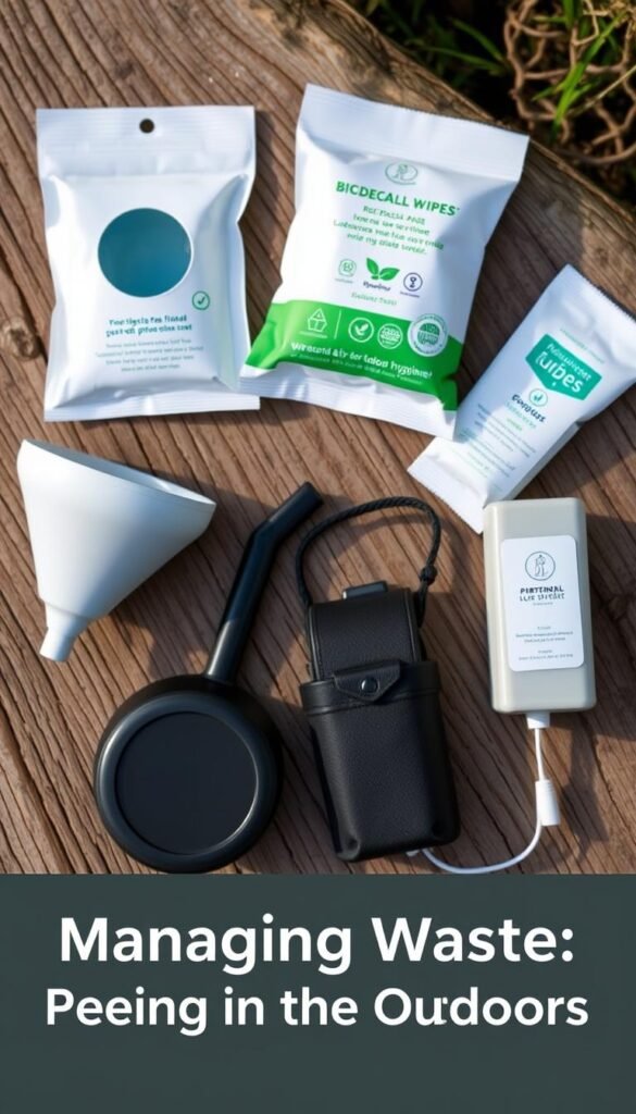 A well-lit, high-resolution photograph of a collection of female-friendly outdoor toilet products, including a reusable pee funnel, biodegradable wipes, and a compact portable urinal, neatly arranged on a natural wooden background. The products are designed with a sleek, modern aesthetic and eco-friendly materials, reflecting a commitment to sustainable and hygienic outdoor hygiene. The overall scene conveys a sense of practicality and thoughtfulness, suitable for the "Managing Waste: Peeing in the Outdoors" section of the article. A well-lit, high-resolution photograph of a collection of female-friendly outdoor toilet products, including a reusable pee funnel, biodegradable wipes, and a compact portable urinal, neatly arranged on a natural wooden background. The products are designed with a sleek, modern aesthetic and eco-friendly materials, reflecting a commitment to sustainable and hygienic outdoor hygiene. The overall scene conveys a sense of practicality and thoughtfulness, suitable for the "Managing Waste: Peeing in the Outdoors" section of the article.