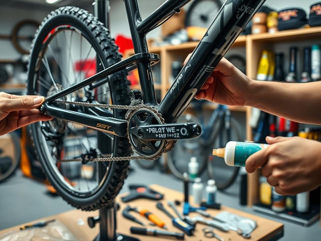A well-lit indoor workshop setting, with a mountain bike securely mounted on a repair stand. In the foreground, a technician's hands are carefully cleaning the bike's chain using a specialized chain cleaning tool and degreasing solution. The chain is being meticulously scrubbed, removing accumulated grime and debris. In the middle ground, various bike maintenance tools and supplies are neatly organized on a workbench, indicating a methodical approach. The background features shelves stocked with bike components and accessories, conveying a professional, well-equipped repair space. The overall mood is one of focused attention and diligence, reflecting the importance of proper chain maintenance for a mountain bike. A well-lit indoor workshop setting, with a mountain bike securely mounted on a repair stand. In the foreground, a technician's hands are carefully cleaning the bike's chain using a specialized chain cleaning tool and degreasing solution. The chain is being meticulously scrubbed, removing accumulated grime and debris. In the middle ground, various bike maintenance tools and supplies are neatly organized on a workbench, indicating a methodical approach. The background features shelves stocked with bike components and accessories, conveying a professional, well-equipped repair space. The overall mood is one of focused attention and diligence, reflecting the importance of proper chain maintenance for a mountain bike.