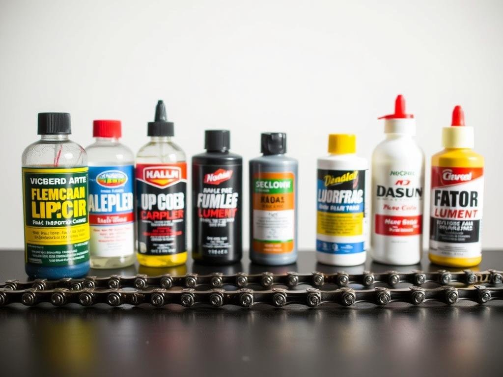 A well-lit tabletop scene showcasing an array of bike chain lubricants. In the foreground, several bottles of various lubricant formulas are displayed, their labels prominent. In the middle ground, a section of an actual bike chain is laid out, glistening with the different lubricants applied. The background features a clean, minimalist backdrop, allowing the products and the chain to be the focal point. The lighting is soft and even, highlighting the textures and viscosities of the lubricants. The overall mood is one of informative comparison, inviting the viewer to assess the attributes of each product for their mountain bike's specific needs. A well-lit tabletop scene showcasing an array of bike chain lubricants. In the foreground, several bottles of various lubricant formulas are displayed, their labels prominent. In the middle ground, a section of an actual bike chain is laid out, glistening with the different lubricants applied. The background features a clean, minimalist backdrop, allowing the products and the chain to be the focal point. The lighting is soft and even, highlighting the textures and viscosities of the lubricants. The overall mood is one of informative comparison, inviting the viewer to assess the attributes of each product for their mountain bike's specific needs.