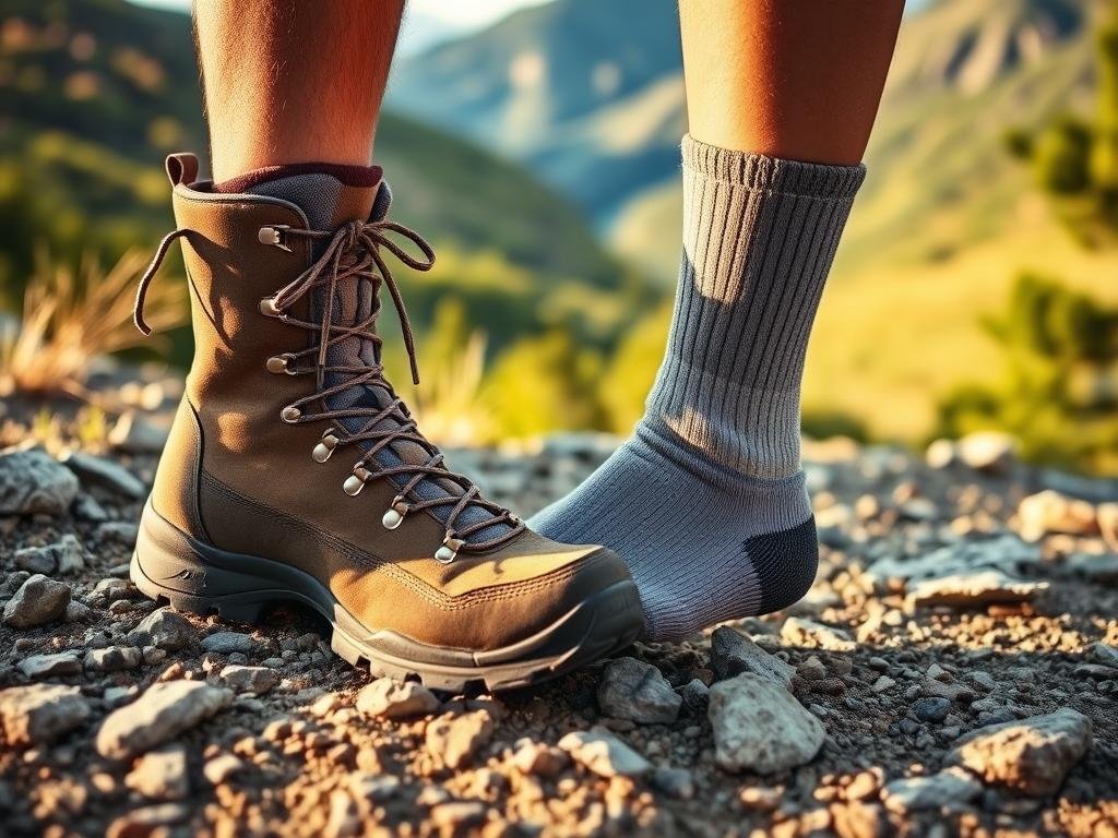 A well-worn hiking boot with a sturdy, treaded sole stands firmly on a rocky trail, its laces neatly tied. Next to it, a pair of moisture-wicking hiking socks in a neutral tone stretch up the ankle, their fabric designed to wick away sweat and prevent blisters. The scene is bathed in warm, natural light, casting long shadows across the uneven ground. In the background, lush greenery and towering mountains create a serene, adventure-ready landscape, inviting the viewer to embark on a blister-free hike through the great outdoors. A well-worn hiking boot with a sturdy, treaded sole stands firmly on a rocky trail, its laces neatly tied. Next to it, a pair of moisture-wicking hiking socks in a neutral tone stretch up the ankle, their fabric designed to wick away sweat and prevent blisters. The scene is bathed in warm, natural light, casting long shadows across the uneven ground. In the background, lush greenery and towering mountains create a serene, adventure-ready landscape, inviting the viewer to embark on a blister-free hike through the great outdoors.