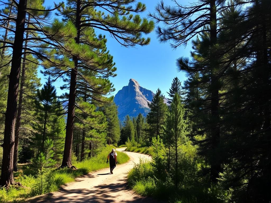 A winding dirt path winds through a forested landscape, leading up to the majestic Black Elk Peak in the distance. The trail is flanked by towering pine trees, their branches casting dappled shadows across the ground. Sunlight filters through the canopy, illuminating the lush undergrowth and creating a serene, natural atmosphere. In the background, the rugged granite peak of Black Elk rises proudly, its jagged edges cutting against the clear blue sky. A gentle breeze rustles the leaves, adding a sense of tranquility to the scene. The overall mood is one of adventure, solitude, and the beauty of the natural world. A winding dirt path winds through a forested landscape, leading up to the majestic Black Elk Peak in the distance. The trail is flanked by towering pine trees, their branches casting dappled shadows across the ground. Sunlight filters through the canopy, illuminating the lush undergrowth and creating a serene, natural atmosphere. In the background, the rugged granite peak of Black Elk rises proudly, its jagged edges cutting against the clear blue sky. A gentle breeze rustles the leaves, adding a sense of tranquility to the scene. The overall mood is one of adventure, solitude, and the beauty of the natural world.