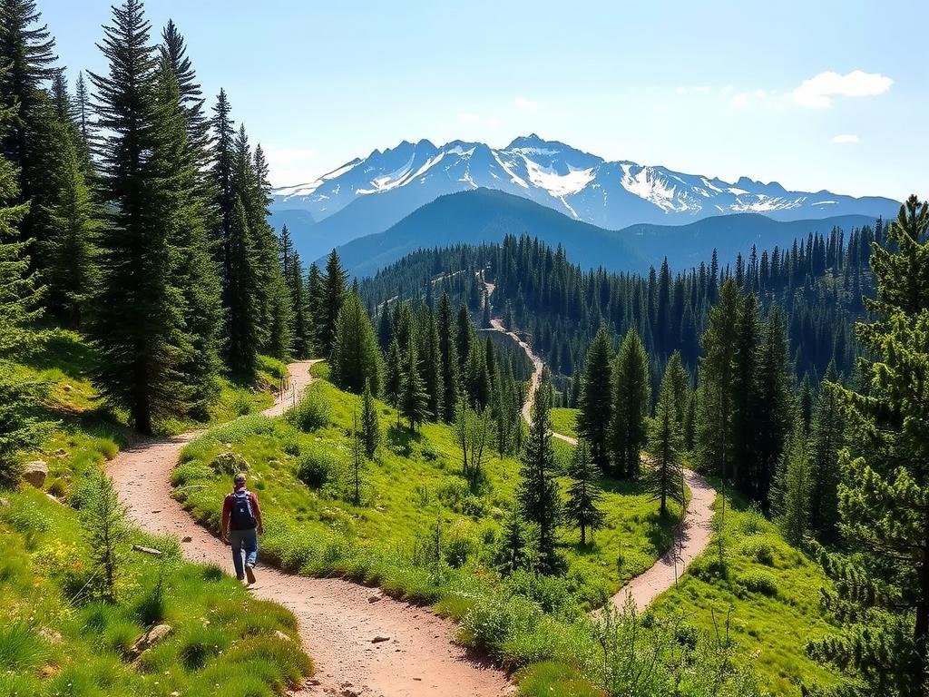 A winding trail winds through a lush, verdant forest, leading hikers of all skill levels through varied terrain. In the foreground, a well-marked path with gentle inclines invites casual strollers, while rugged, rocky sections in the middle ground challenge more experienced trekkers. Towering, snow-capped peaks loom in the background, casting a serene, awe-inspiring atmosphere. The scene is illuminated by soft, diffused natural lighting, capturing the tranquility and beauty of the outdoor experience. This diverse, picturesque setting showcases the range of hiking opportunities available near Denver, catering to adventurers of all abilities. A winding trail winds through a lush, verdant forest, leading hikers of all skill levels through varied terrain. In the foreground, a well-marked path with gentle inclines invites casual strollers, while rugged, rocky sections in the middle ground challenge more experienced trekkers. Towering, snow-capped peaks loom in the background, casting a serene, awe-inspiring atmosphere. The scene is illuminated by soft, diffused natural lighting, capturing the tranquility and beauty of the outdoor experience. This diverse, picturesque setting showcases the range of hiking opportunities available near Denver, catering to adventurers of all abilities.