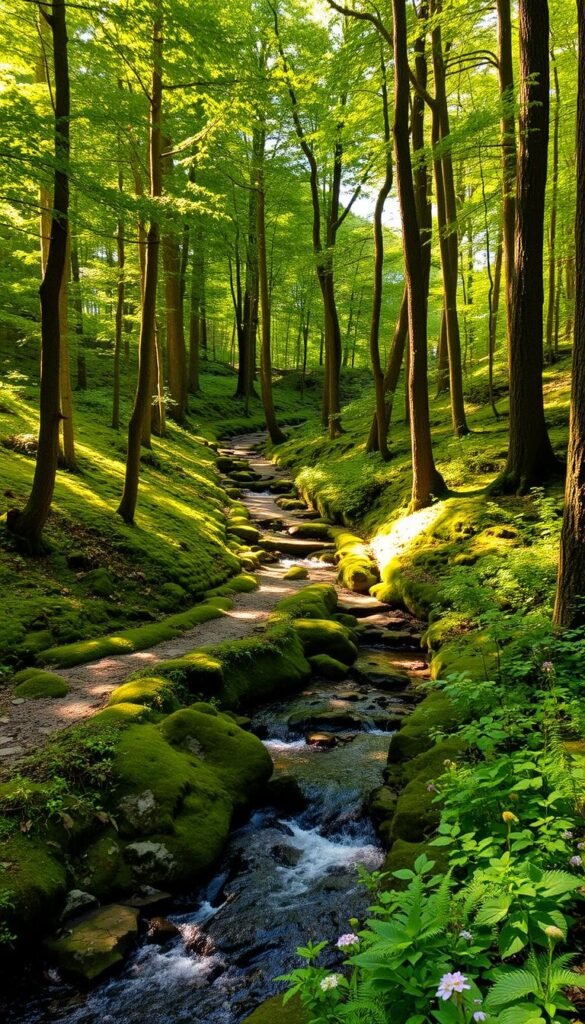 A winding, verdant trail snakes through a lush, mossy forest in Vermont. Dappled sunlight filters through the canopy of towering hardwood trees, casting a warm, golden glow. In the foreground, a meandering stream gurgles over smooth river rocks, its crystal-clear waters reflecting the surrounding foliage. Ferns and wildflowers dot the forest floor, hinting at the hidden treasures waiting to be discovered along this lesser-known path. The scene evokes a sense of tranquility and adventure, inviting the viewer to explore the untamed beauty of Vermont's backwoods. A winding, verdant trail snakes through a lush, mossy forest in Vermont. Dappled sunlight filters through the canopy of towering hardwood trees, casting a warm, golden glow. In the foreground, a meandering stream gurgles over smooth river rocks, its crystal-clear waters reflecting the surrounding foliage. Ferns and wildflowers dot the forest floor, hinting at the hidden treasures waiting to be discovered along this lesser-known path. The scene evokes a sense of tranquility and adventure, inviting the viewer to explore the untamed beauty of Vermont's backwoods.