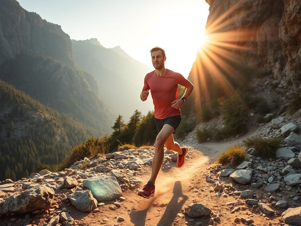An athlete running on a rocky mountain trail, feet kicking up dust, lungs straining, as they push through the grueling GR20 endurance training. The sun casts warm, golden light across the rugged landscape, highlighting the sheer cliffs and dense evergreen forest in the background. The runner's determined expression reflects the mental fortitude required to conquer this legendary Corsican hiking route. A wide-angle lens captures the dramatic scale of the environment, emphasizing the challenge and solitude of this intense training regimen. Sweat glistens on the athlete's brow, their muscles taut with effort, embodying the grit and resilience needed to tackle the GR20's unforgiving terrain. An athlete running on a rocky mountain trail, feet kicking up dust, lungs straining, as they push through the grueling GR20 endurance training. The sun casts warm, golden light across the rugged landscape, highlighting the sheer cliffs and dense evergreen forest in the background. The runner's determined expression reflects the mental fortitude required to conquer this legendary Corsican hiking route. A wide-angle lens captures the dramatic scale of the environment, emphasizing the challenge and solitude of this intense training regimen. Sweat glistens on the athlete's brow, their muscles taut with effort, embodying the grit and resilience needed to tackle the GR20's unforgiving terrain.