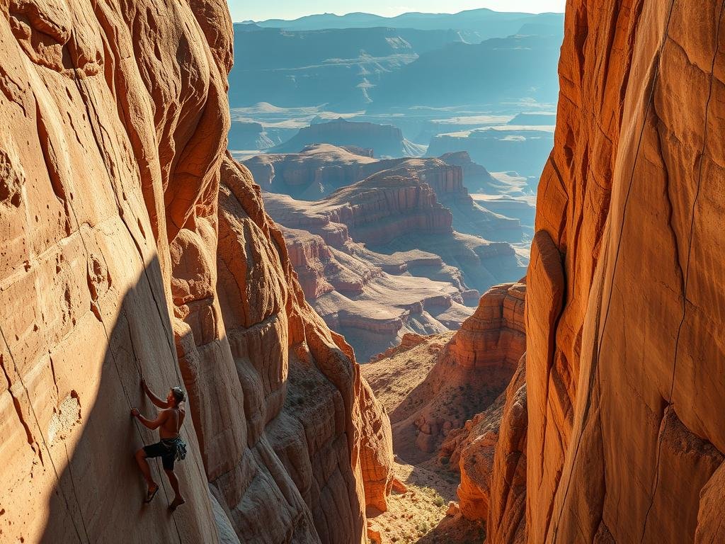 An awe-inspiring vista of Indian Creek's signature crack climbing routes, carved into towering sandstone walls bathed in warm desert light. The foreground features a daring climber navigating a challenging finger crack, their movements graceful and precise. Behind them, a series of parallel cracks and dihedrals stretch into the middle ground, their textures and colors accentuated by dramatic shadows. In the distant background, the rugged, undulating landscape of Utah's canyon country frames the scene, creating a sense of scale and immersion. The overall mood is one of adventure, skill, and the sheer magnificence of the natural world. An awe-inspiring vista of Indian Creek's signature crack climbing routes, carved into towering sandstone walls bathed in warm desert light. The foreground features a daring climber navigating a challenging finger crack, their movements graceful and precise. Behind them, a series of parallel cracks and dihedrals stretch into the middle ground, their textures and colors accentuated by dramatic shadows. In the distant background, the rugged, undulating landscape of Utah's canyon country frames the scene, creating a sense of scale and immersion. The overall mood is one of adventure, skill, and the sheer magnificence of the natural world.