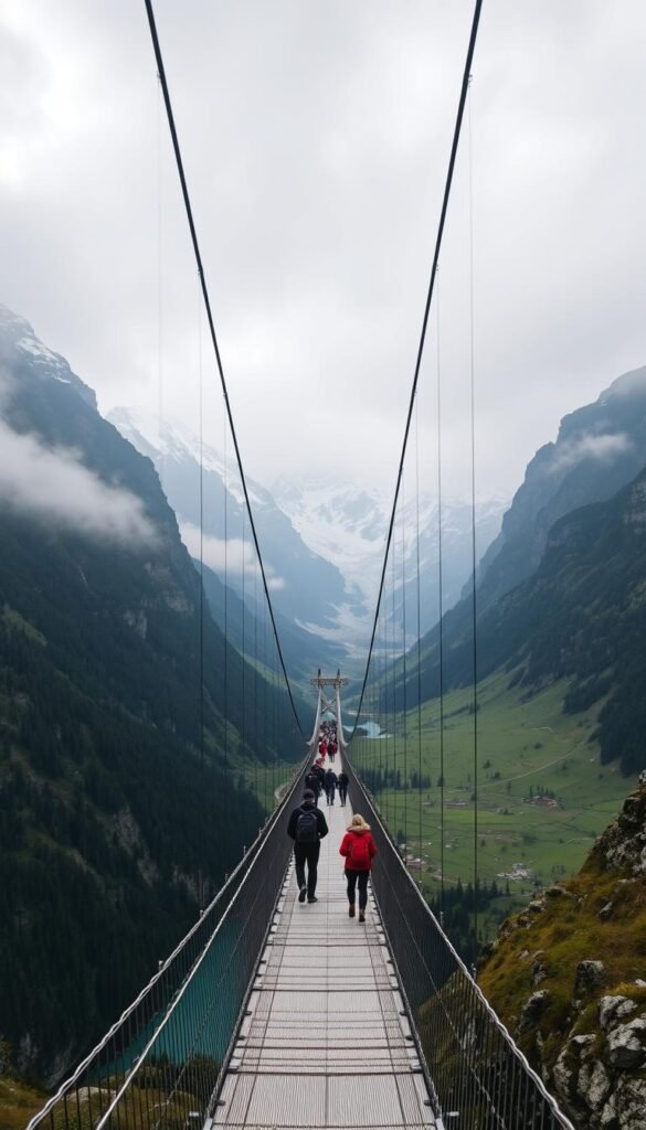 An expansive vista of the majestic Triftbrücke suspension bridge, its slender cables spanning the deep, glacier-fed ravine below. The bridge is framed by towering, snow-capped peaks and lush alpine meadows, bathed in the soft, diffused light of an overcast day. Hikers navigate the sturdy wooden planks, pausing to gaze out at the breathtaking landscape. The scene evokes a sense of adventure, tranquility, and the sheer grandeur of the Swiss Alps. An expansive vista of the majestic Triftbrücke suspension bridge, its slender cables spanning the deep, glacier-fed ravine below. The bridge is framed by towering, snow-capped peaks and lush alpine meadows, bathed in the soft, diffused light of an overcast day. Hikers navigate the sturdy wooden planks, pausing to gaze out at the breathtaking landscape. The scene evokes a sense of adventure, tranquility, and the sheer grandeur of the Swiss Alps.