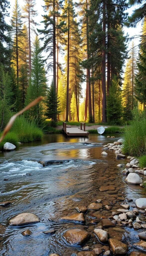 An idyllic campground scene with crystal-clear water flowing gently through a lush, verdant landscape. In the foreground, a serene creek meanders, its banks dotted with smooth stones and lush vegetation. The middle ground features a wooden dock or pier, inviting visitors to dip their toes or cast a line. Towering pines and aspens frame the background, creating a peaceful, natural ambiance. Soft, warm lighting filters through the canopy, casting a golden glow over the scene. The overall mood is one of tranquility and adventure, perfectly capturing the essence of a picturesque Colorado campground with ample water access. An idyllic campground scene with crystal-clear water flowing gently through a lush, verdant landscape. In the foreground, a serene creek meanders, its banks dotted with smooth stones and lush vegetation. The middle ground features a wooden dock or pier, inviting visitors to dip their toes or cast a line. Towering pines and aspens frame the background, creating a peaceful, natural ambiance. Soft, warm lighting filters through the canopy, casting a golden glow over the scene. The overall mood is one of tranquility and adventure, perfectly capturing the essence of a picturesque Colorado campground with ample water access.