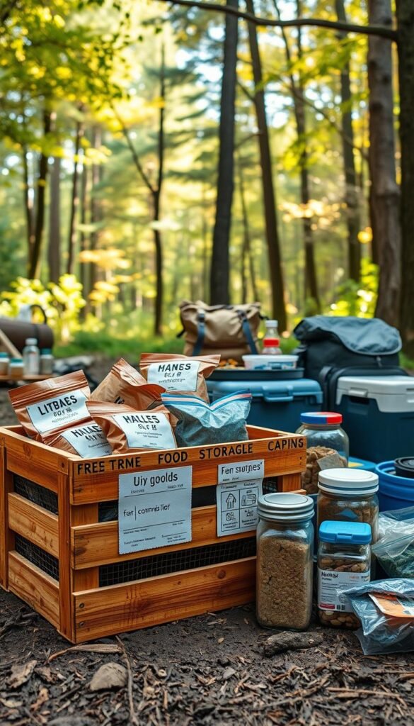 An image of food storage safety tips, captured in a rustic outdoor setting. In the foreground, a wooden crate filled with dry goods, labeled with pictograms for easy identification. Surrounding it, various food storage containers - airtight jars, sealed bags, and insulated coolers. In the middle ground, a backpack and camping gear, suggesting a wilderness adventure. In the background, a lush forest canopy, with dappled sunlight filtering through the leaves, creating a warm, natural atmosphere. The scene is shot with a wide-angle lens, emphasizing the relationship between the food storage elements and the outdoor environment. The overall mood is one of preparedness and self-sufficiency, befitting the "Mastering Mountain Camping Safety" theme. An image of food storage safety tips, captured in a rustic outdoor setting. In the foreground, a wooden crate filled with dry goods, labeled with pictograms for easy identification. Surrounding it, various food storage containers - airtight jars, sealed bags, and insulated coolers. In the middle ground, a backpack and camping gear, suggesting a wilderness adventure. In the background, a lush forest canopy, with dappled sunlight filtering through the leaves, creating a warm, natural atmosphere. The scene is shot with a wide-angle lens, emphasizing the relationship between the food storage elements and the outdoor environment. The overall mood is one of preparedness and self-sufficiency, befitting the "Mastering Mountain Camping Safety" theme.